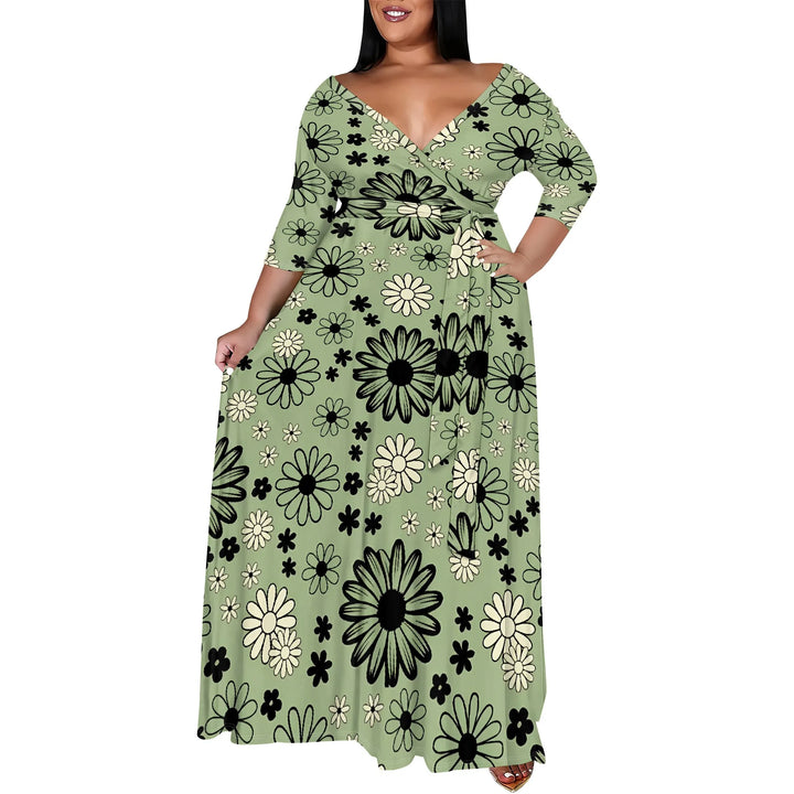 Plus Size Pink Floral Print Maxi Dress 3/4 Sleeve V Neck Belted A-Line Long Dress for Spring Vacation