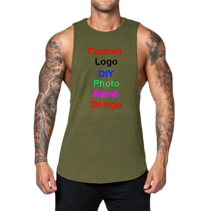 DIY Customized Logo Brand Gym Tank Top Men Cotton Muscle Sleeveless Shirt Workout Clothing Bodybuilding Singlets Vest Sportswear