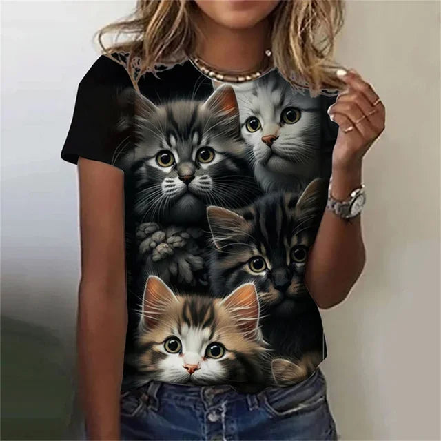 Fashion Women's T-shirt 3D Printed Kawaii Cat Pattern Short Sleeved Round neck Top Summer Outdoor Casual Street Simple Clothing
