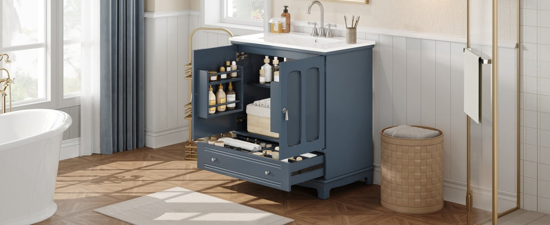 30' Bathroom Vanity with Ceramic Sink, Solid Wood Frame Bathroom Sink