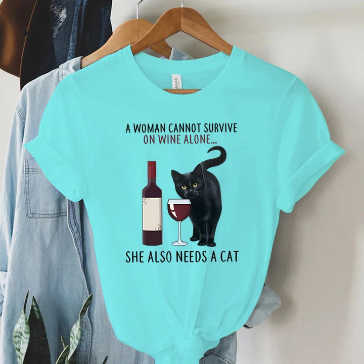 Trend Women Fashion Clothing Cat&wine Graphic T-shirts Clothes Black Cat Print Female Shirt Short Sleeve Lady Casual Tee Tops