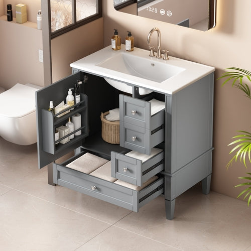 30 Inch Bathroom Vanity with Ceramic Sink, Grey Bathroom with 3