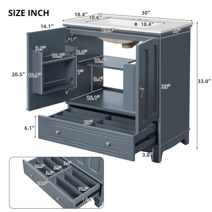 30' Bathroom Vanity with Ceramic Sink, Solid Wood Frame Bathroom Sink
