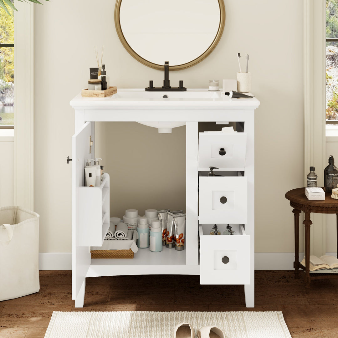 30 Inch Bathroom Vanity with Ceramic Sink, White Bathroom with 3