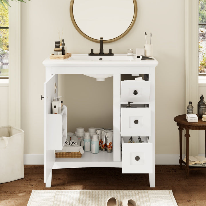 30 Inch Bathroom Vanity with Ceramic Sink, White Bathroom with 3