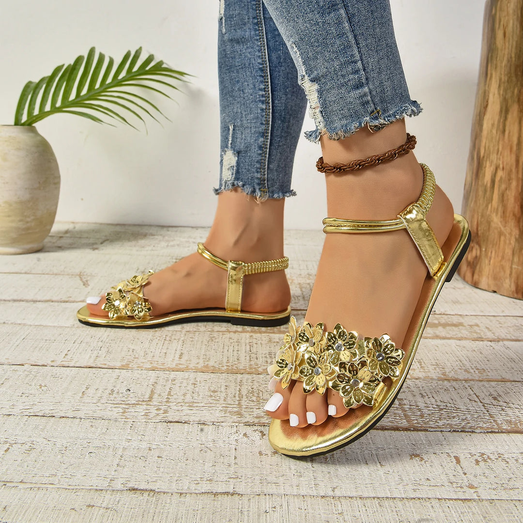 Sandals Plus Size Shiny Flower Women Summer New Round Toe Comfortable Beach Soft Sole Non-slip Outer Wear Flat Sandals