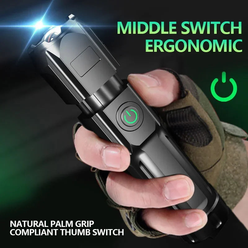 High Power LED Flashlight 10000 Lumen Tactical Torch USB Rechargeable Waterproof Zoom Flashlight Outdoor Emergency Fishing