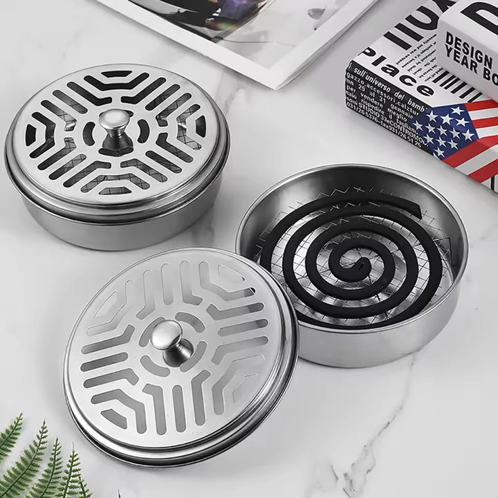 Stainless Steel Mosquito Coil Tray With Cover Large Portable Mosquito Coil Holder Box Mosquito Incense Coil Home Office Camping