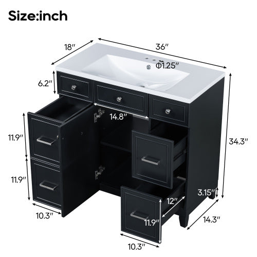 36  Bathroom Vanity Cabinet With Sink Top Combo Set , Black ,Single