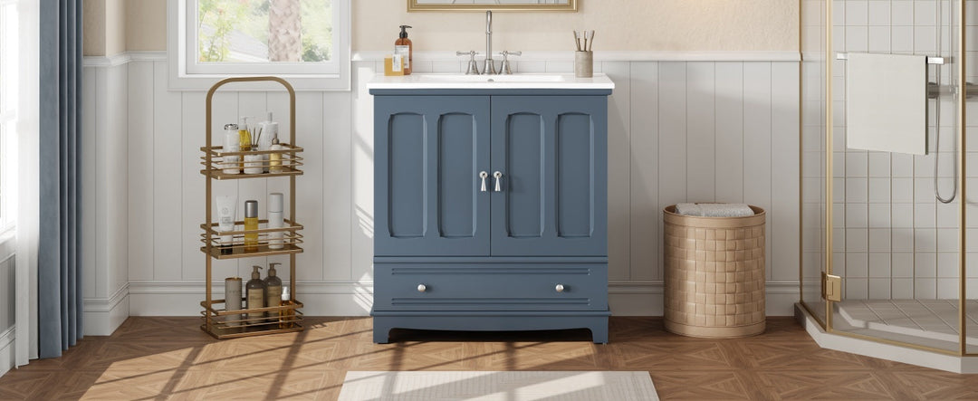 30' Bathroom Vanity with Ceramic Sink, Solid Wood Frame Bathroom Sink