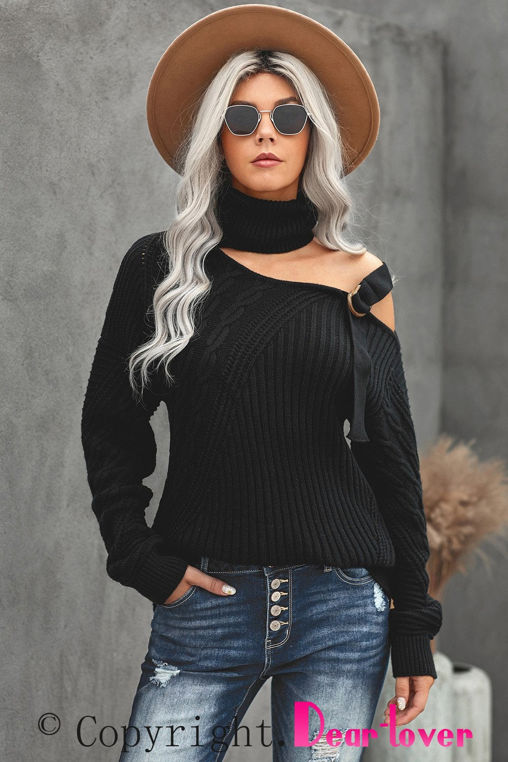 Strapped Cut out Shoulder Turtleneck Sweater