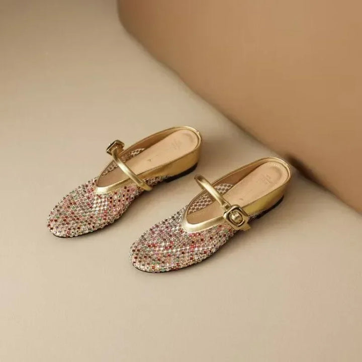 Fashion French Baotou Cutout Breathable Slippers 2025 Summer New Wear Rhinestone Heightening Single Shoes