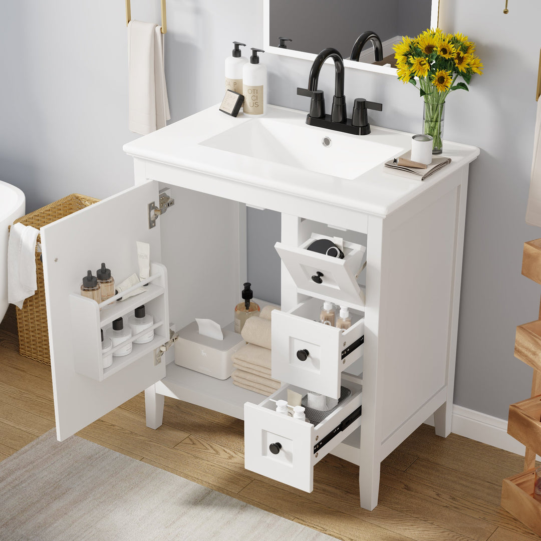 30 Inch Bathroom Vanity with Ceramic Sink, White Bathroom with 3