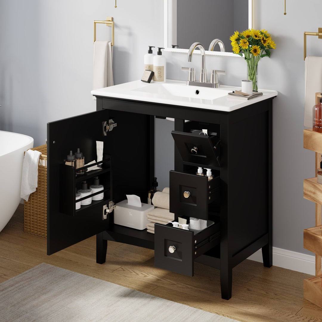 30 Inch Bathroom Vanity with Ceramic Sink, Black Bathroom with 3