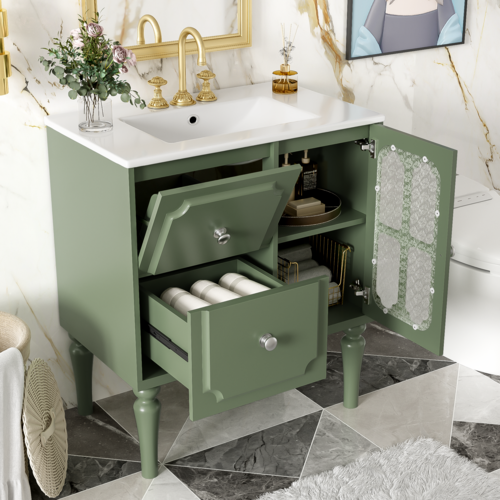 Retro Style 30'' Bathroom Vanity with Ceramic Sink Combo, Freestanding