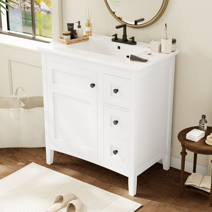 30 Inch Bathroom Vanity with Ceramic Sink, White Bathroom with 3
