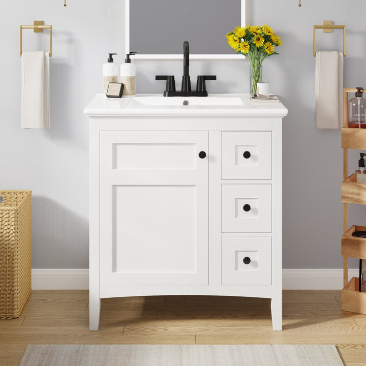 30 Inch Bathroom Vanity with Ceramic Sink, White Bathroom with 3