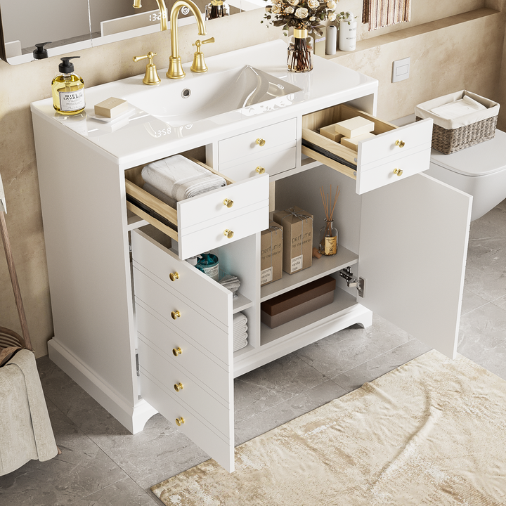36'' Bathroom Vanity with Ceramic Sink Combo, Solid Wood Frame