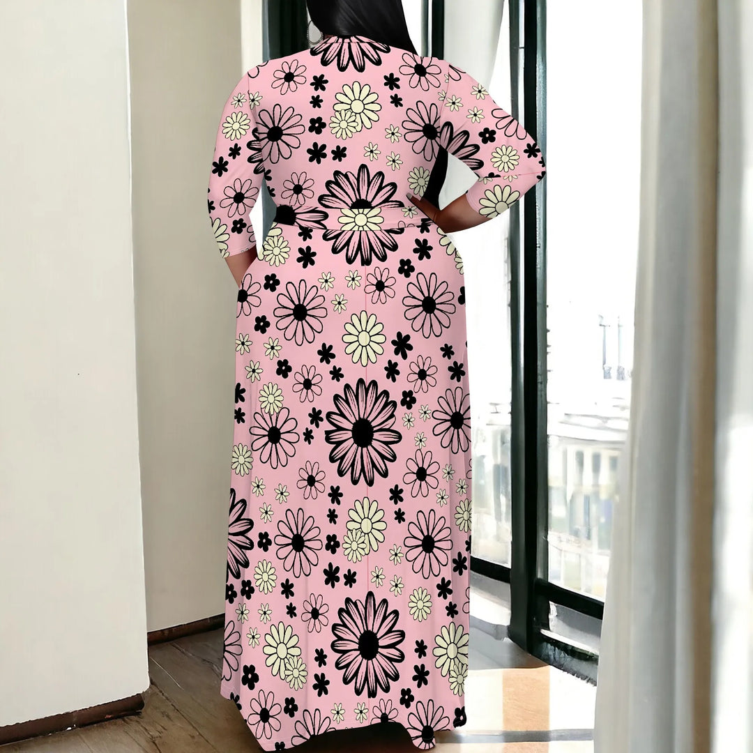 Plus Size Pink Floral Print Maxi Dress 3/4 Sleeve V Neck Belted A-Line Long Dress for Spring Vacation