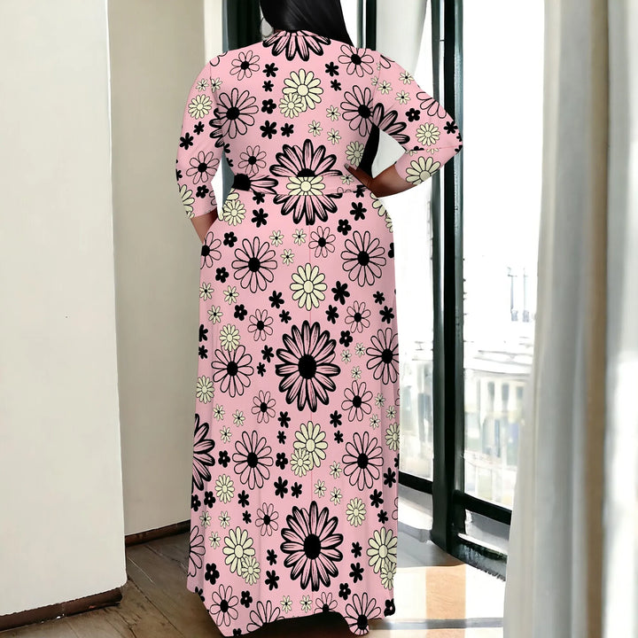 Plus Size Pink Floral Print Maxi Dress 3/4 Sleeve V Neck Belted A-Line Long Dress for Spring Vacation