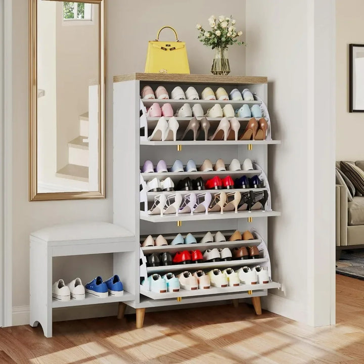 Shoe Cabinet with 3 Flip Drawers, Modern Shoe Storage Cabinet w/ Bench for Entryway, Freestanding Hidden Rack Storage Organizer