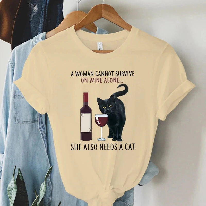 Trend Women Fashion Clothing Cat&wine Graphic T-shirts Clothes Black Cat Print Female Shirt Short Sleeve Lady Casual Tee Tops