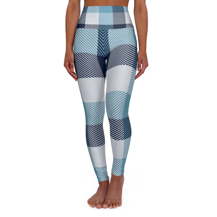 Women's Yoga Pants, Blue And White Plaid Print High Waist Fitness