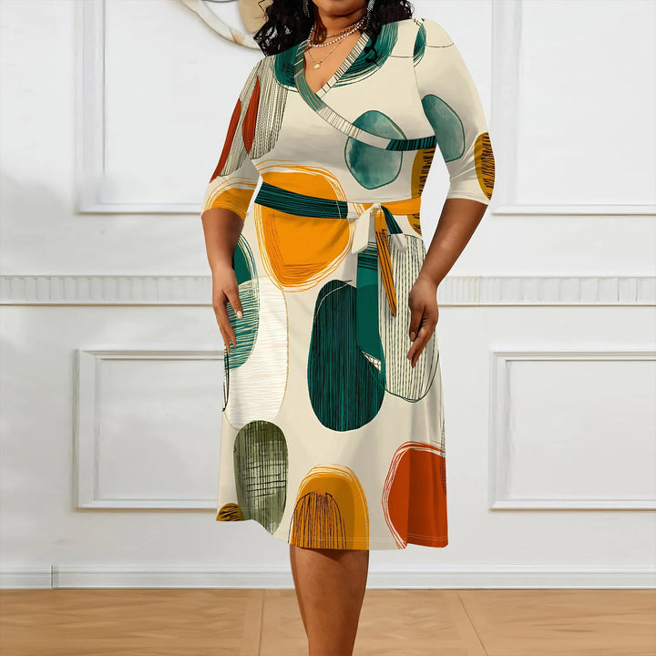Plus Size V-Neck Wrap Midi Dress Abstract Dot Print Artistic Style Half Sleeve Summer Look