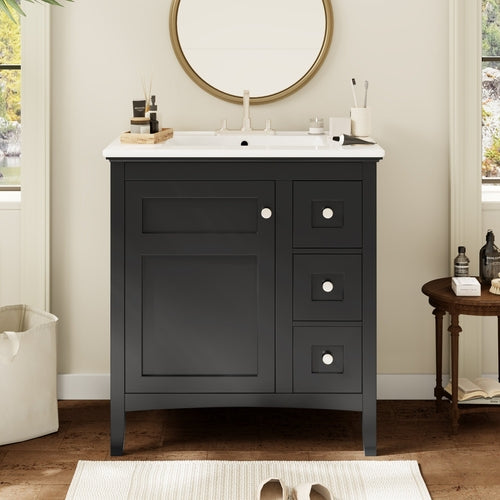 30 Inch Bathroom Vanity with Ceramic Sink, Black Bathroom with 3