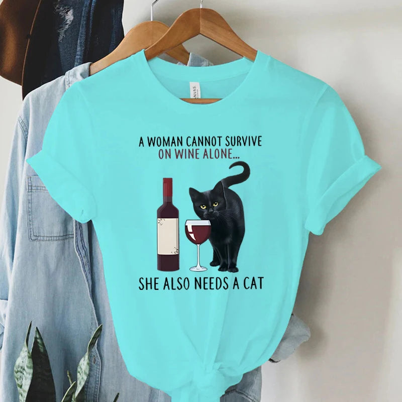 Trend Women Fashion Clothing Cat&wine Graphic T-shirts Clothes Black Cat Print Female Shirt Short Sleeve Lady Casual Tee Tops