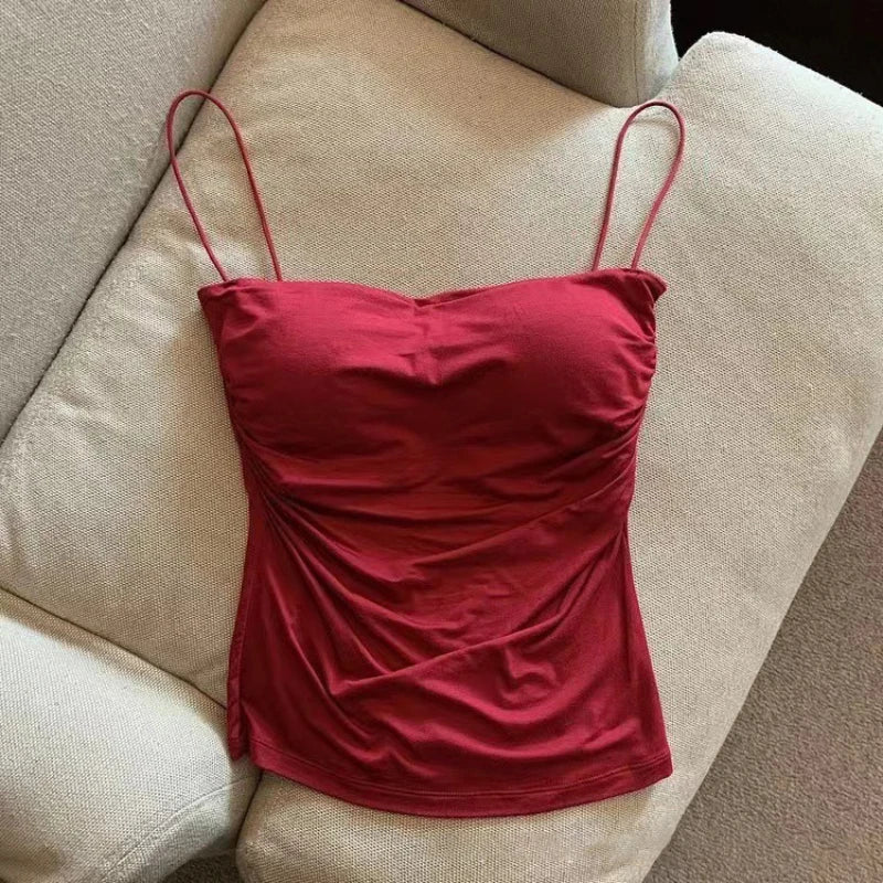 1 Pc Stylish Waist Pleated Corset - Soft support fixed chest pad sleeveless vest Sexy short top with thin straps Solid color