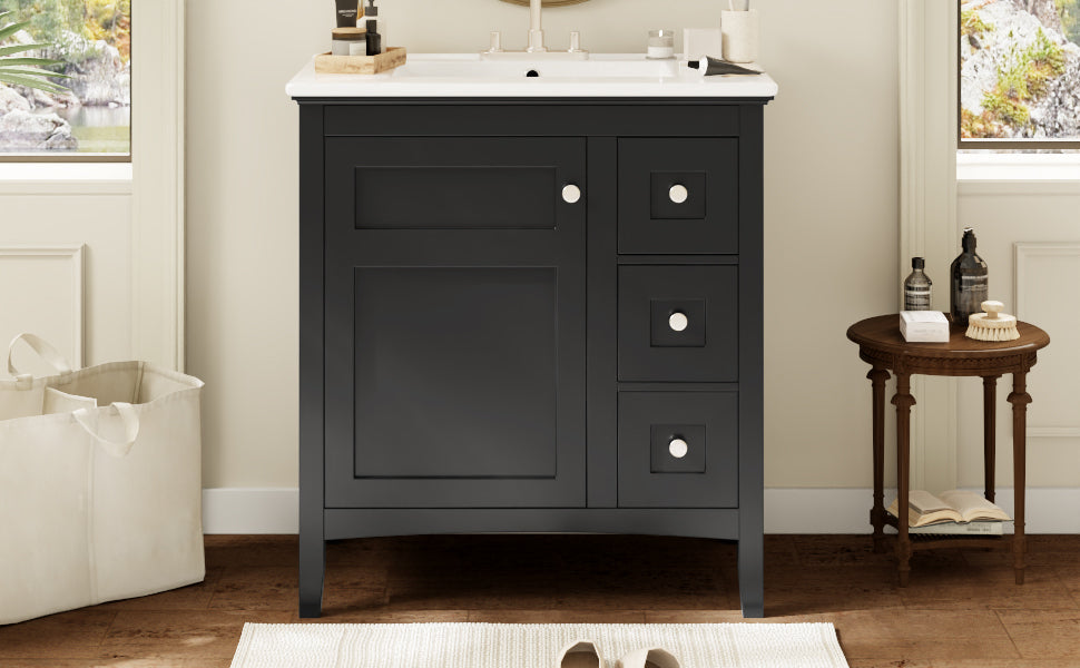 30 Inch Bathroom Vanity with Ceramic Sink, Black Bathroom with 3