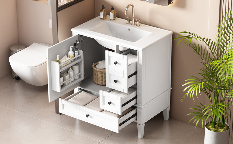 30 Inch Bathroom Vanity with Ceramic Sink, White Bathroom with 3