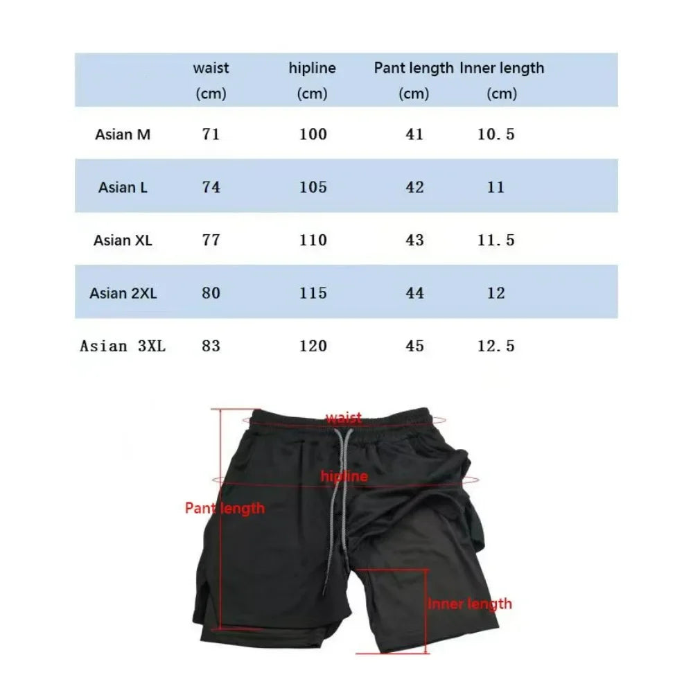 Men's sports shorts double layer two-in-one quick-drying breathable casual shorts summer running sportswear pants M-3XL
