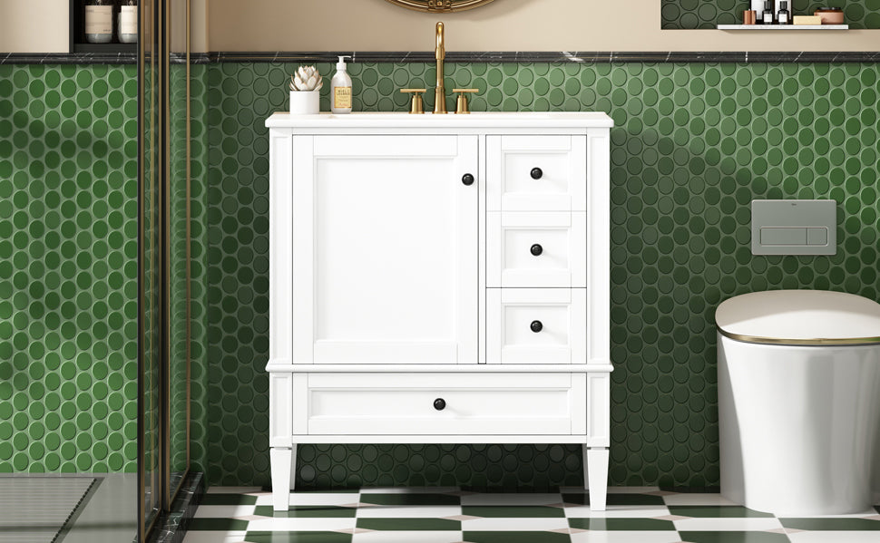 30 Inch Bathroom Vanity with Ceramic Sink, White Bathroom with 3
