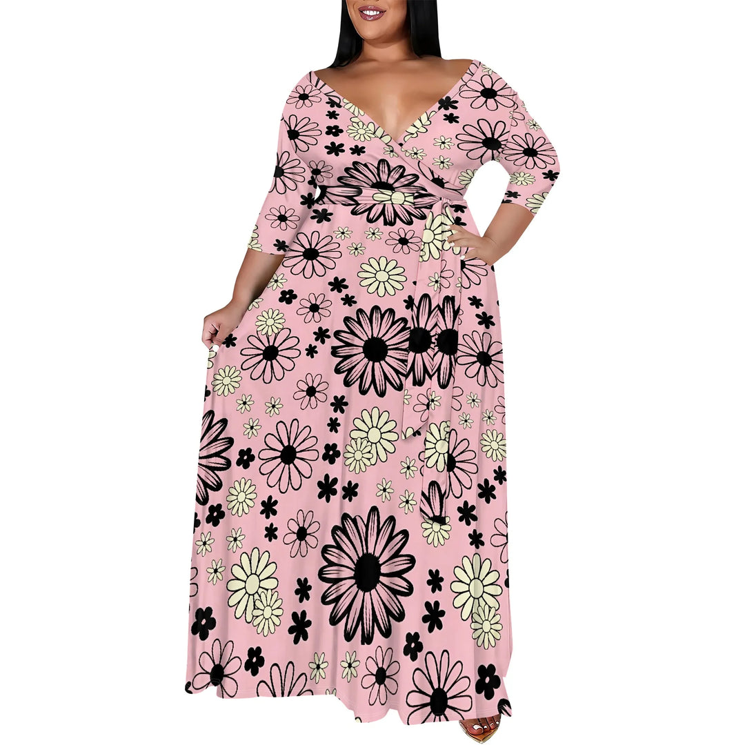 Plus Size Pink Floral Print Maxi Dress 3/4 Sleeve V Neck Belted A-Line Long Dress for Spring Vacation