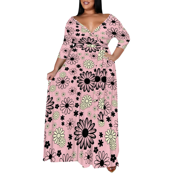Plus Size Pink Floral Print Maxi Dress 3/4 Sleeve V Neck Belted A-Line Long Dress for Spring Vacation