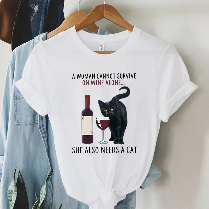 Trend Women Fashion Clothing Cat&wine Graphic T-shirts Clothes Black Cat Print Female Shirt Short Sleeve Lady Casual Tee Tops