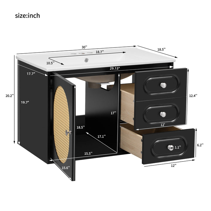 30' Bathroom Vanity with Ceramic Sink, Mid-Century Bathroom Vanity