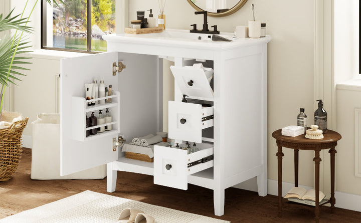 30 Inch Bathroom Vanity with Ceramic Sink, White Bathroom with 3