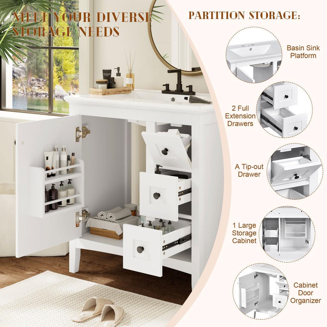 30 Inch Bathroom Vanity with Ceramic Sink, White Bathroom with 3