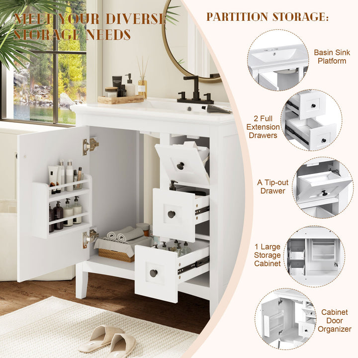 30 Inch Bathroom Vanity with Ceramic Sink, White Bathroom with 3