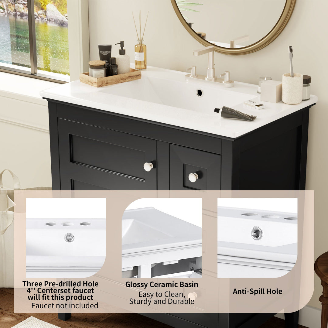 30 Inch Bathroom Vanity with Ceramic Sink, Black Bathroom with 3