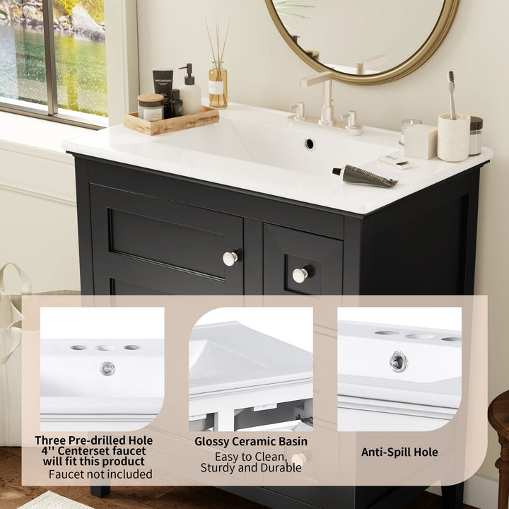 30 Inch Bathroom Vanity with Ceramic Sink, Black Bathroom with 3