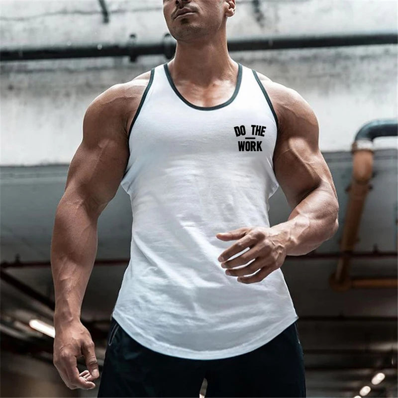Men White Muscle Tank Tops Print Workout Vest Fitness Sleeveless T-shirt Bodybuilding Sports T-shirt Men Training Gym Clothing