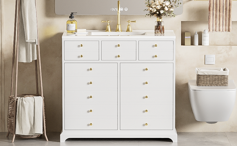 36'' Bathroom Vanity with Ceramic Sink Combo, Solid Wood Frame