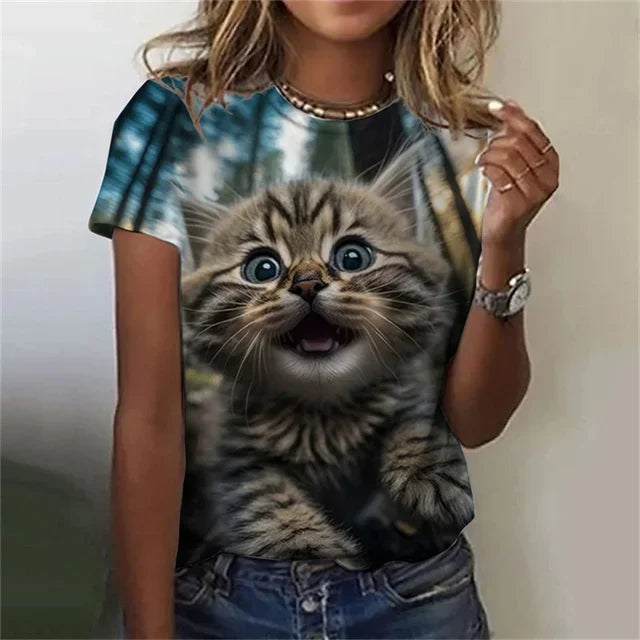 Fashion Women's T-shirt 3D Printed Kawaii Cat Pattern Short Sleeved Round neck Top Summer Outdoor Casual Street Simple Clothing