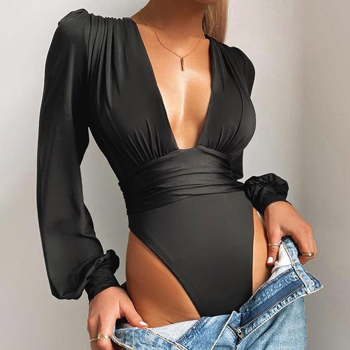 Deep V Neck Bodysuit Women Sexy Puff Sleeve Bodycon Jumpsuit