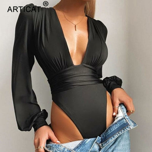 Deep V Neck Bodysuit Women Sexy Puff Sleeve Bodycon Jumpsuit