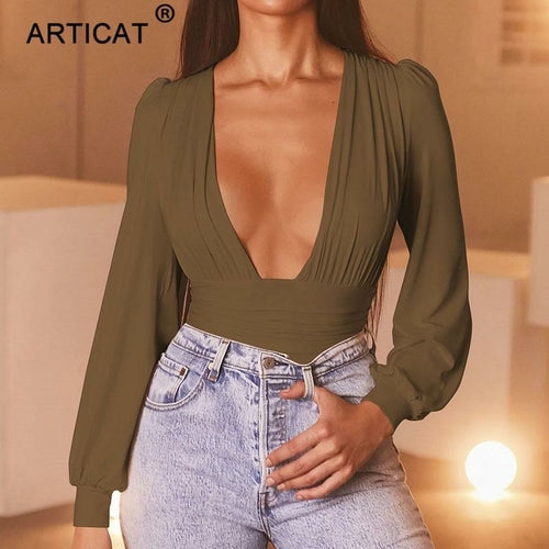 Deep V Neck Bodysuit Women Sexy Puff Sleeve Bodycon Jumpsuit